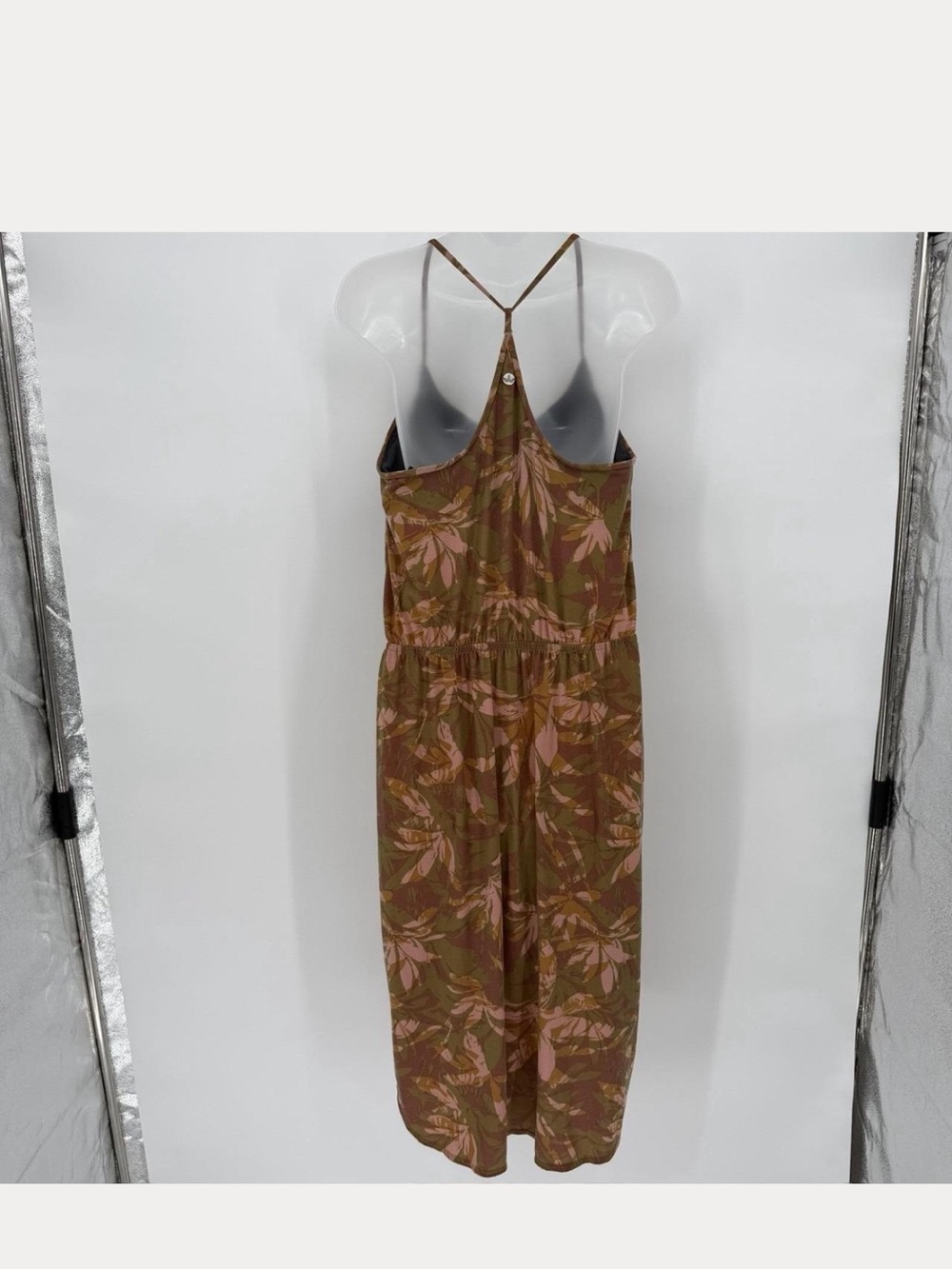 Women's Prana Floral Leaf Print Strap Dress Pink Olive & Brown size large - Picture 2 of 10